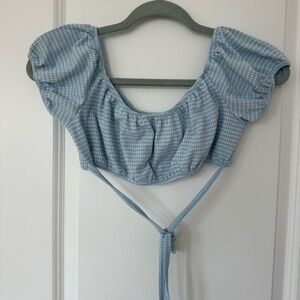 Win win Blue Gingham Puff Sleeve Tie around Crop Top